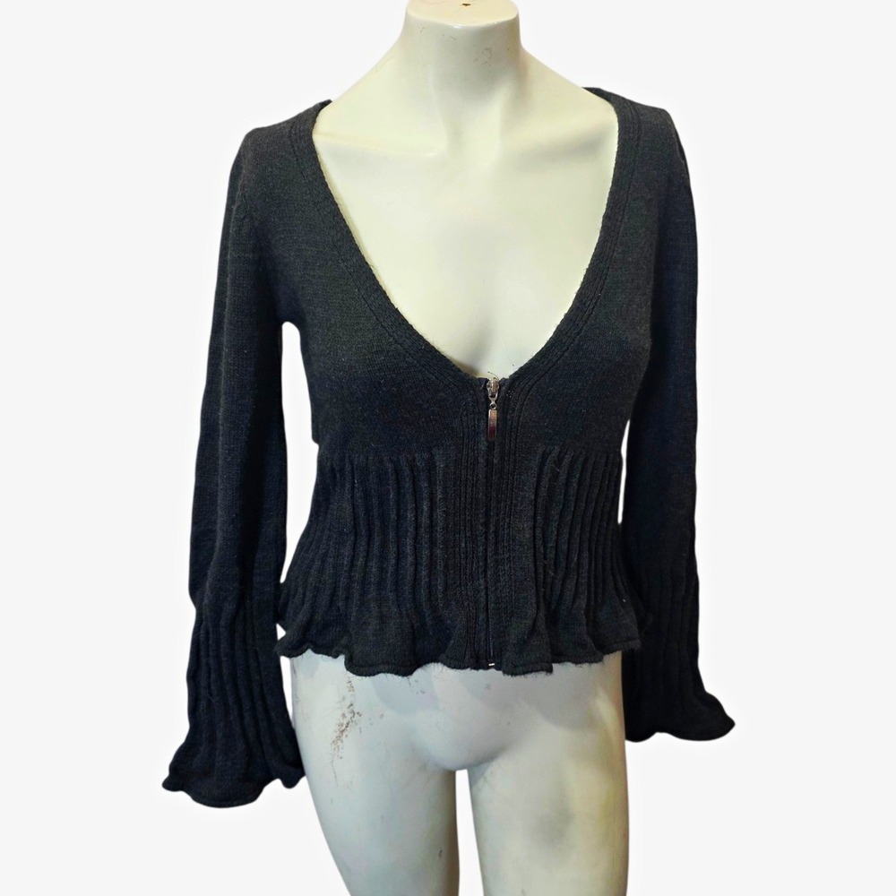 Belamie Black Cashmere Blend Zip Cardigan Peplum Ruffle Bell Sleeve Sweater Y2K!